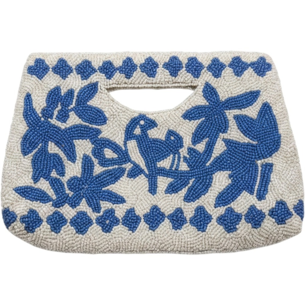 Sincerely Jules Beaded Bird Floral Clutch Handbag White Blue Top Handle Bag